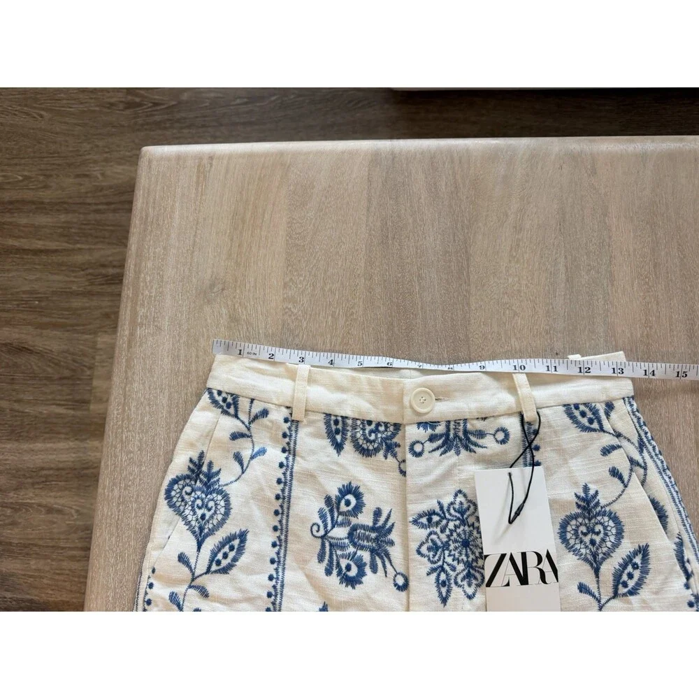 Zara NWT Embroidered Linen Blend Straight Leg Pants Ivory & Blue Pattern Size XS - Picture 6 of 9